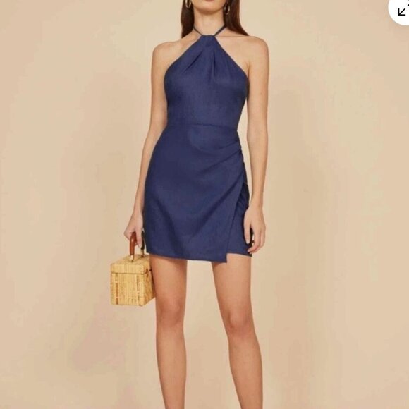 Reformation The Dory Dress Linen Faux Wrap Navy Blue Mini Halter NWT - Picture 10 of 10